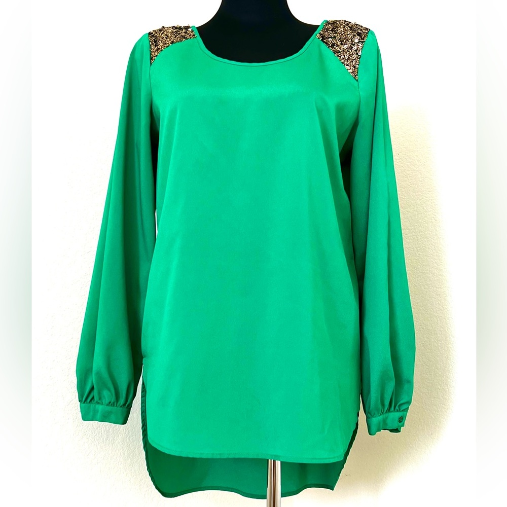 GB Emerald Green Sequins High/Low Blouse / Size L